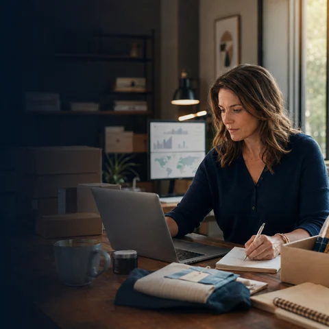 Ecommerce owner reviewing multi-market operations at a laptop