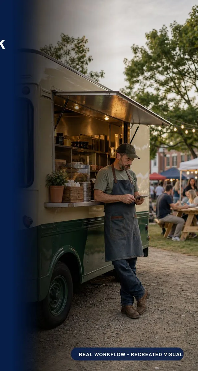 Food truck owner checking his phone beside the truck at an evening market