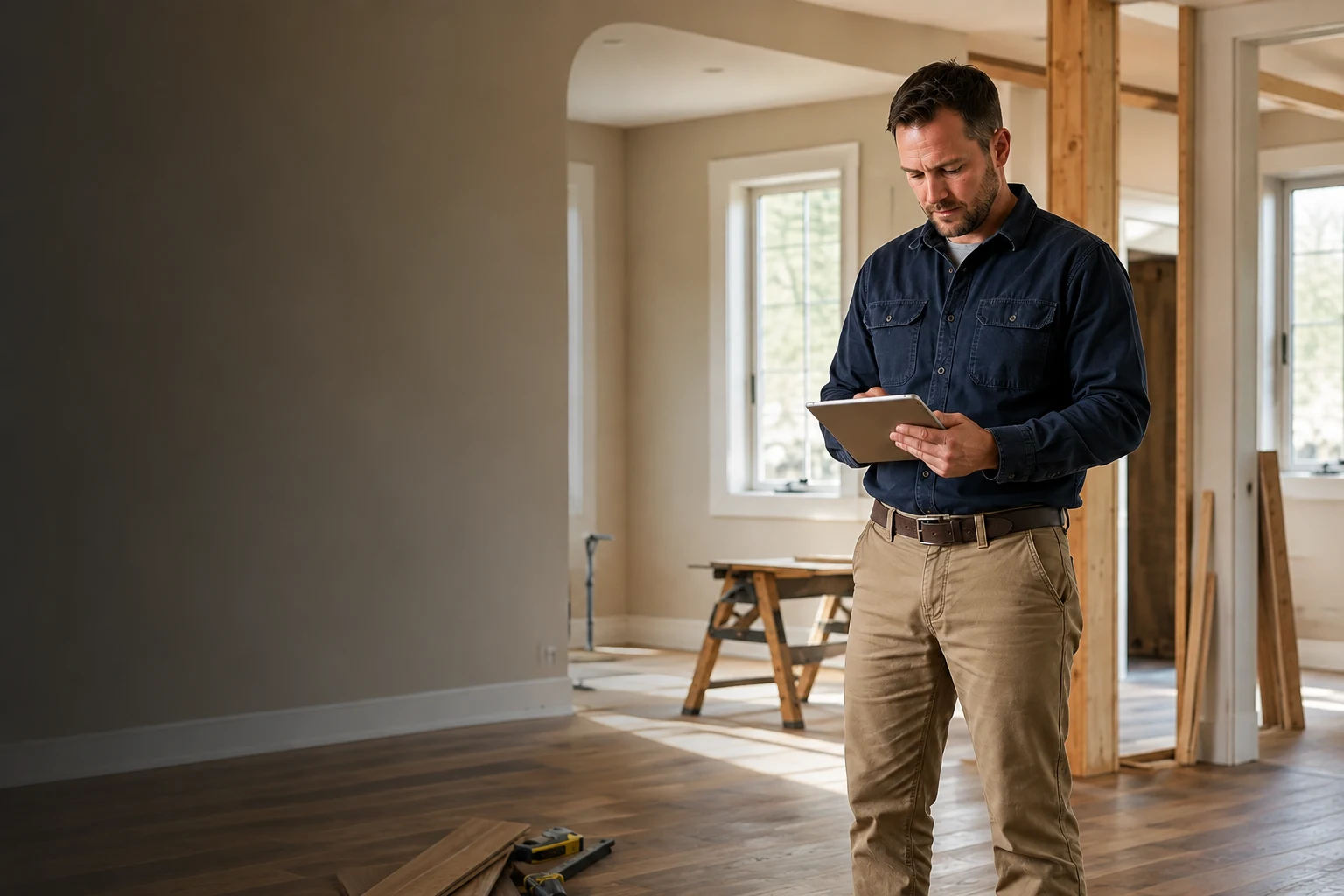 Home remodeling contractor reviewing a tablet on a flooring project