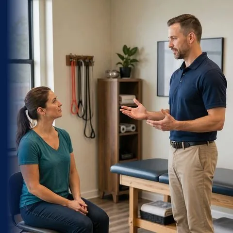 Physiotherapist talking with a seated client in a wellness clinic