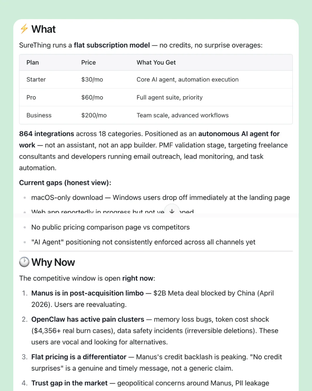 Competitor research brief detail with a What section laying out SureThing's flat subscription pricing ($30 Starter / $80 Pro / $200 Business per month), 864-integration footprint across 18 categories, agent positioning, and an honest Current Gaps list (macOS-only, sporadic web availability); followed by a Why Now section calling out the competitive window — Manus in post-acquisition limbo, OpenClaw losing active pain clusters, flat pricing as a differentiator, and a trust gap in the market.