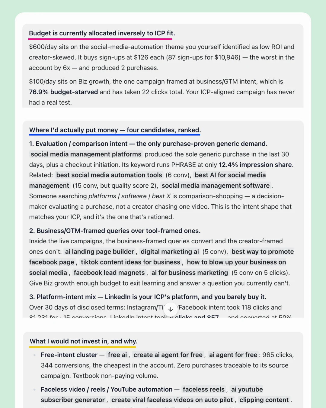 Google Ads growth opportunity report showing high-intent search terms, verified customer demand, and recommended campaign opportunities.