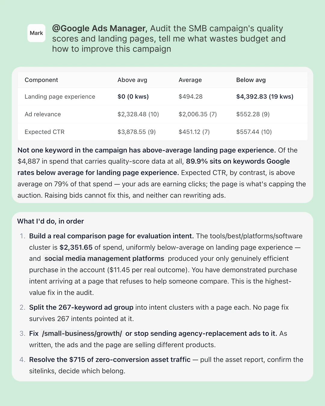 Google Ads spend review showing campaigns, keywords, and search terms that consumed budget without verified customer outcomes.