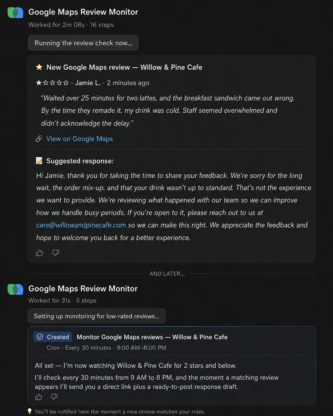 A Slack feed from the Google Maps Review Monitor: a NEW NEGATIVE REVIEW card for Sunset Roasters Cafe showing a 1-star review from Jamie L. about a long wait, a suggested draft response, and Reply on Google / Edit draft buttons — followed by a confirmation card showing automated monitoring is active (checks every 30 minutes, alerts on 2 stars and below, delivered to #reviews-alerts).