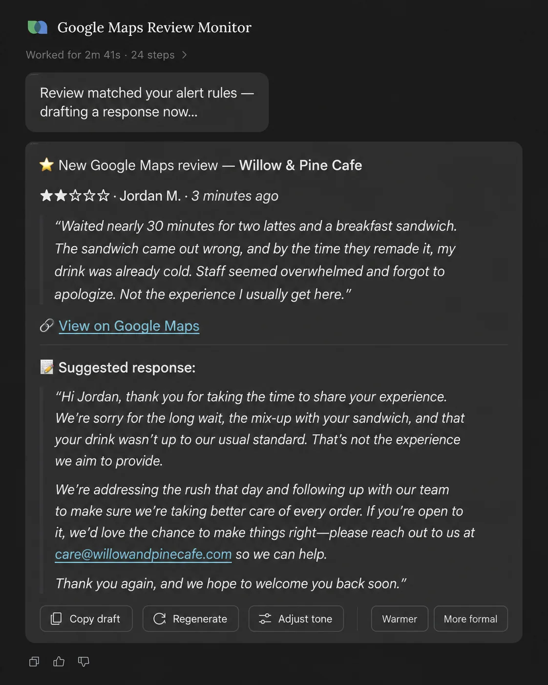 A review card with the original complaint above an AI-suggested reply that apologizes, addresses the specific issue, and invites the customer back — with Copy and Regenerate buttons.