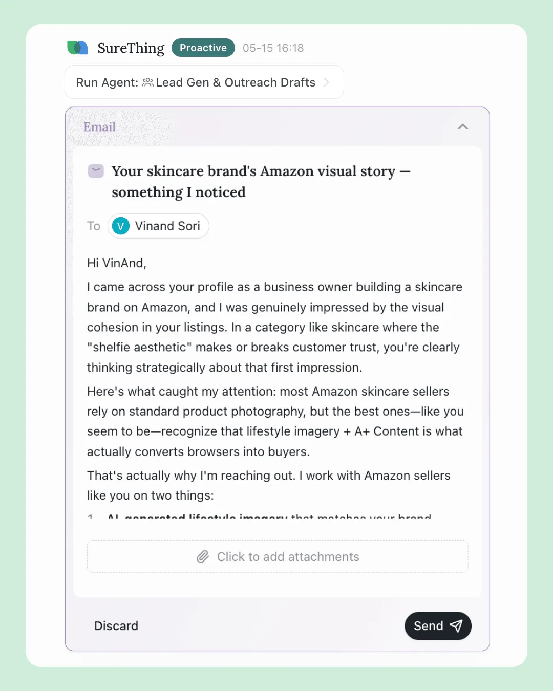An Email Ops agent's drafted reply written in your voice, with Discard or Send controls — never auto-sent.
