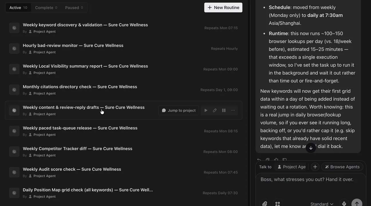SureThing routines running daily and weekly local visibility and reputation checks.