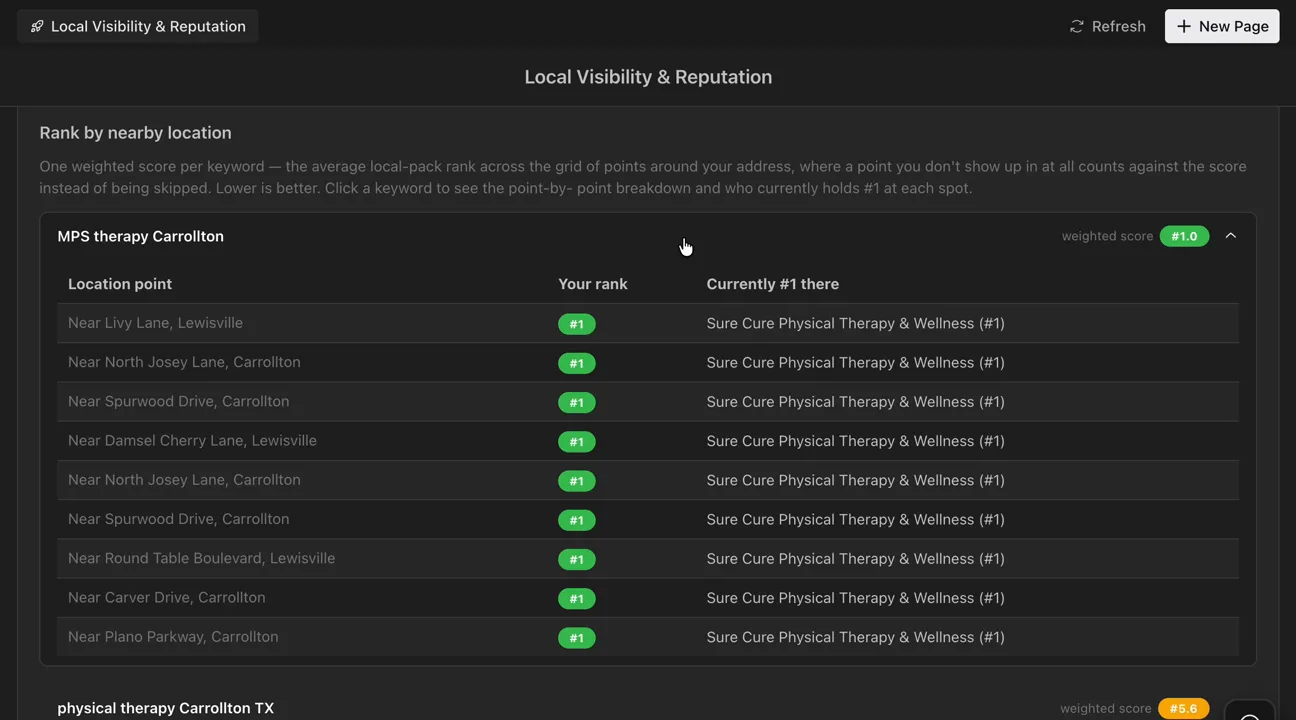Local visibility dashboard showing keyword rankings across multiple nearby search locations.