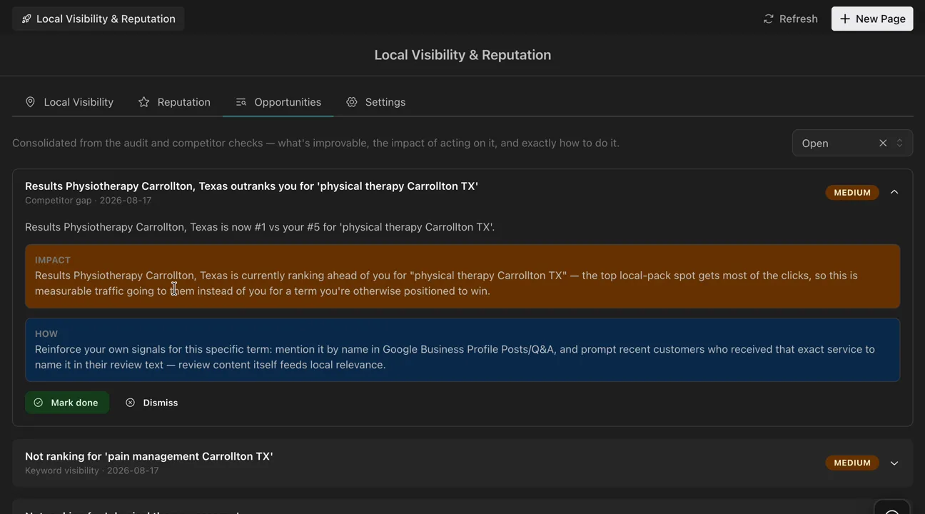Local SEO opportunity queue with impact, rationale, and step-by-step recommendations.