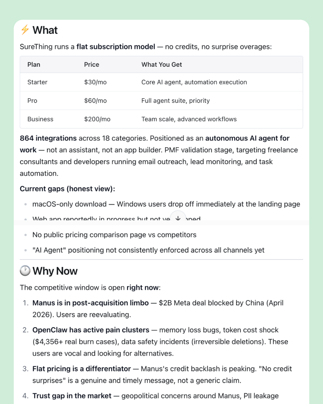 Competitor research brief detail with a What section laying out SureThing's flat subscription pricing ($30 Starter / $80 Pro / $200 Business per month), 864-integration footprint across 18 categories, agent positioning, and an honest Current Gaps list (macOS-only, sporadic web availability); followed by a Why Now section calling out the competitive window — Manus in post-acquisition limbo, OpenClaw losing active pain clusters, flat pricing as a differentiator, and a trust gap in the market.