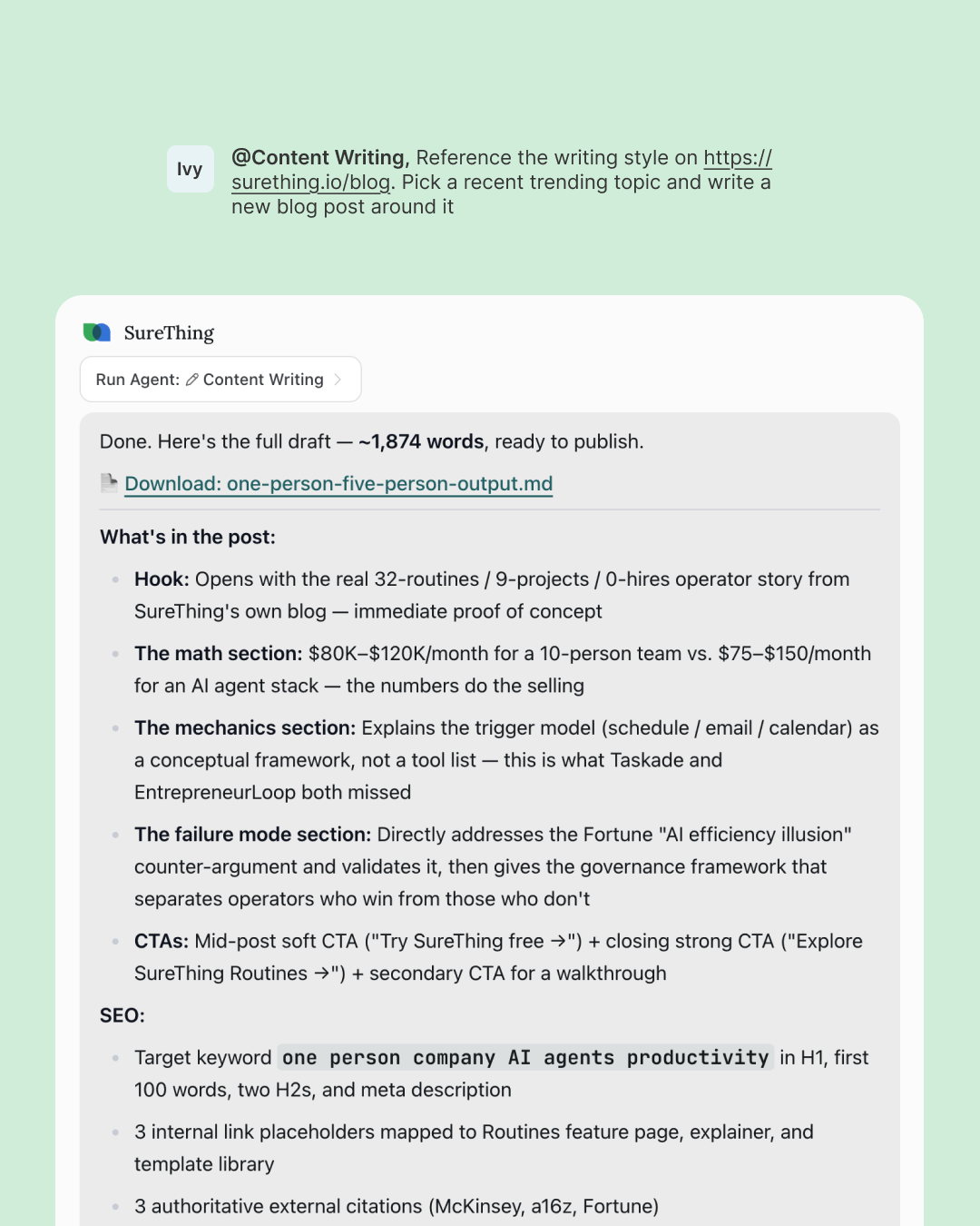 Content Writing chat where the user asks the agent to reference https://surething.io/blog's writing style and write a new trending-topic post; SureThing replies with a finished 1,874-word draft (one-person-five-person-output.md download) plus a breakdown of the post's sections (Hook, The Math, The Mechanics, The Failure Mode) and the SEO setup — target keyword 'one person company AI agents productivity' placed in H1, first 100 words, two H2s, and meta description, 3 internal-link placeholders, 3 authoritative external citations (McKinsey, a16z, Fortune).