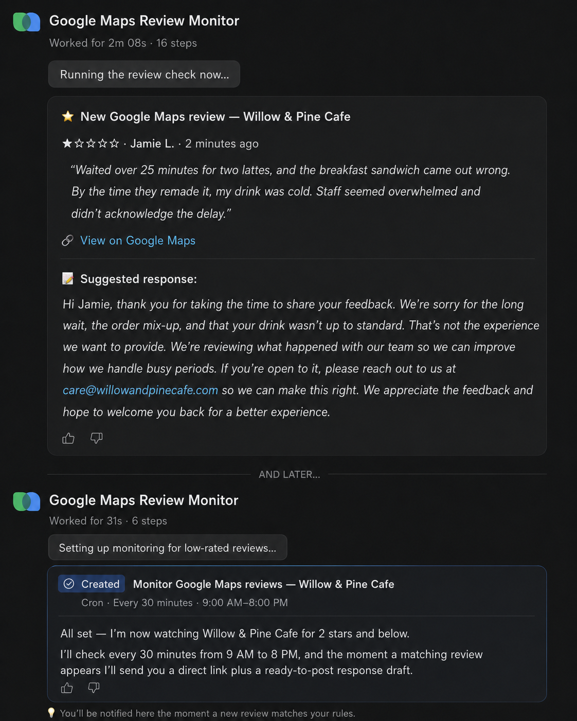A Slack feed from the Google Maps Review Monitor: a NEW NEGATIVE REVIEW card for Sunset Roasters Cafe showing a 1-star review from Jamie L. about a long wait, a suggested draft response, and Reply on Google / Edit draft buttons — followed by a confirmation card showing automated monitoring is active (checks every 30 minutes, alerts on 2 stars and below, delivered to #reviews-alerts).