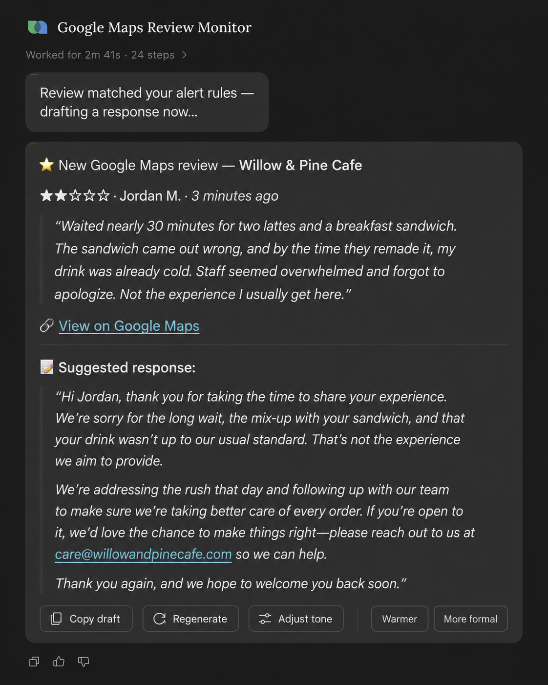 A review card with the original complaint above an AI-suggested reply that apologizes, addresses the specific issue, and invites the customer back — with Copy and Regenerate buttons.