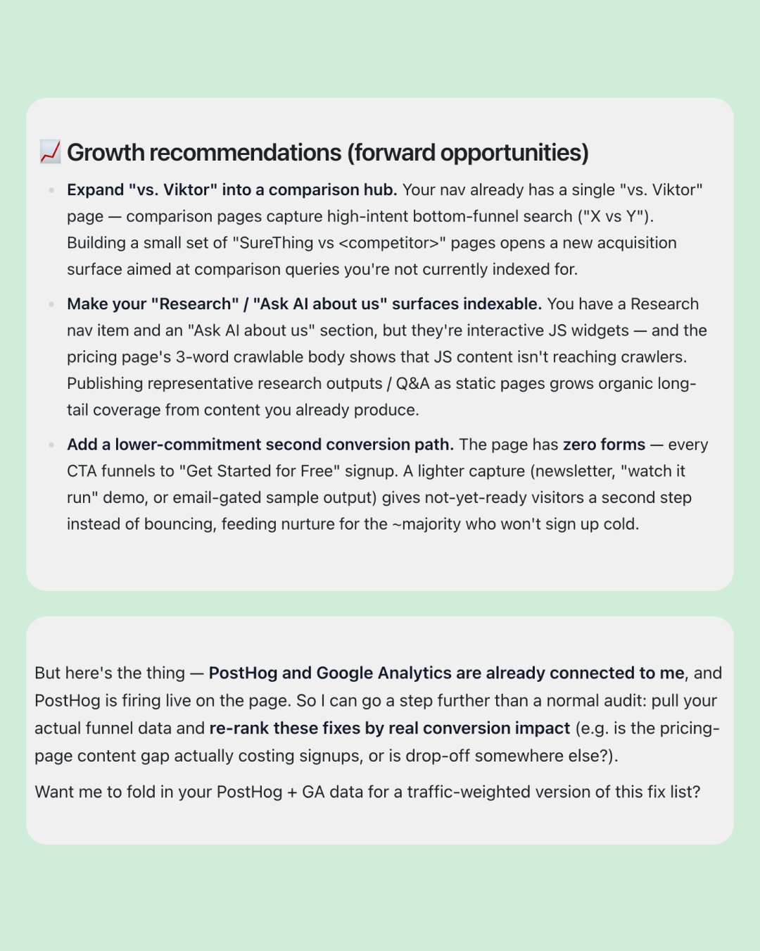 Website Audit growth recommendations showing conversion drop-off analysis from connected analytics tools, traffic impact, and recommended growth experiments.