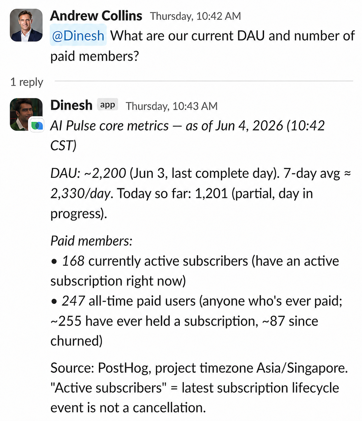 SureThing answers a Slack question with a current DAU and paid-member briefing.