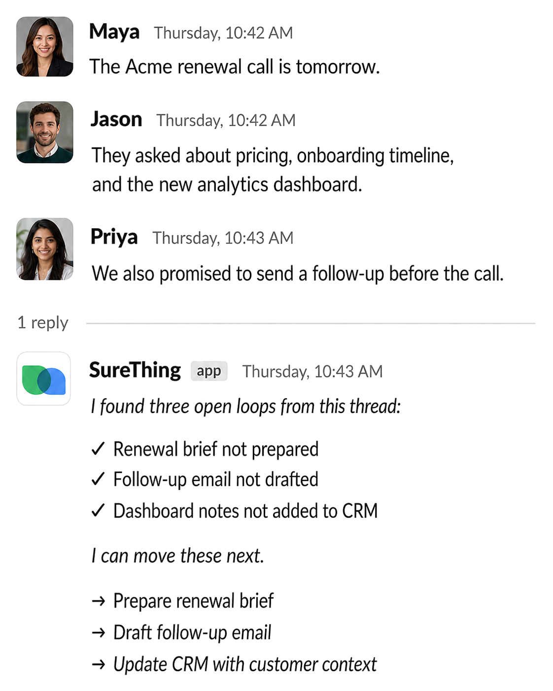 Slack thread where SureThing identifies actionable work from recent team context.