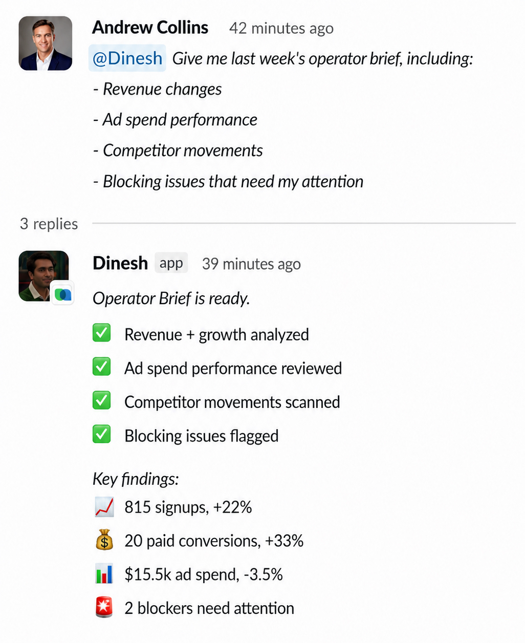 SureThing completes an operator brief from a Slack request and returns next actions.