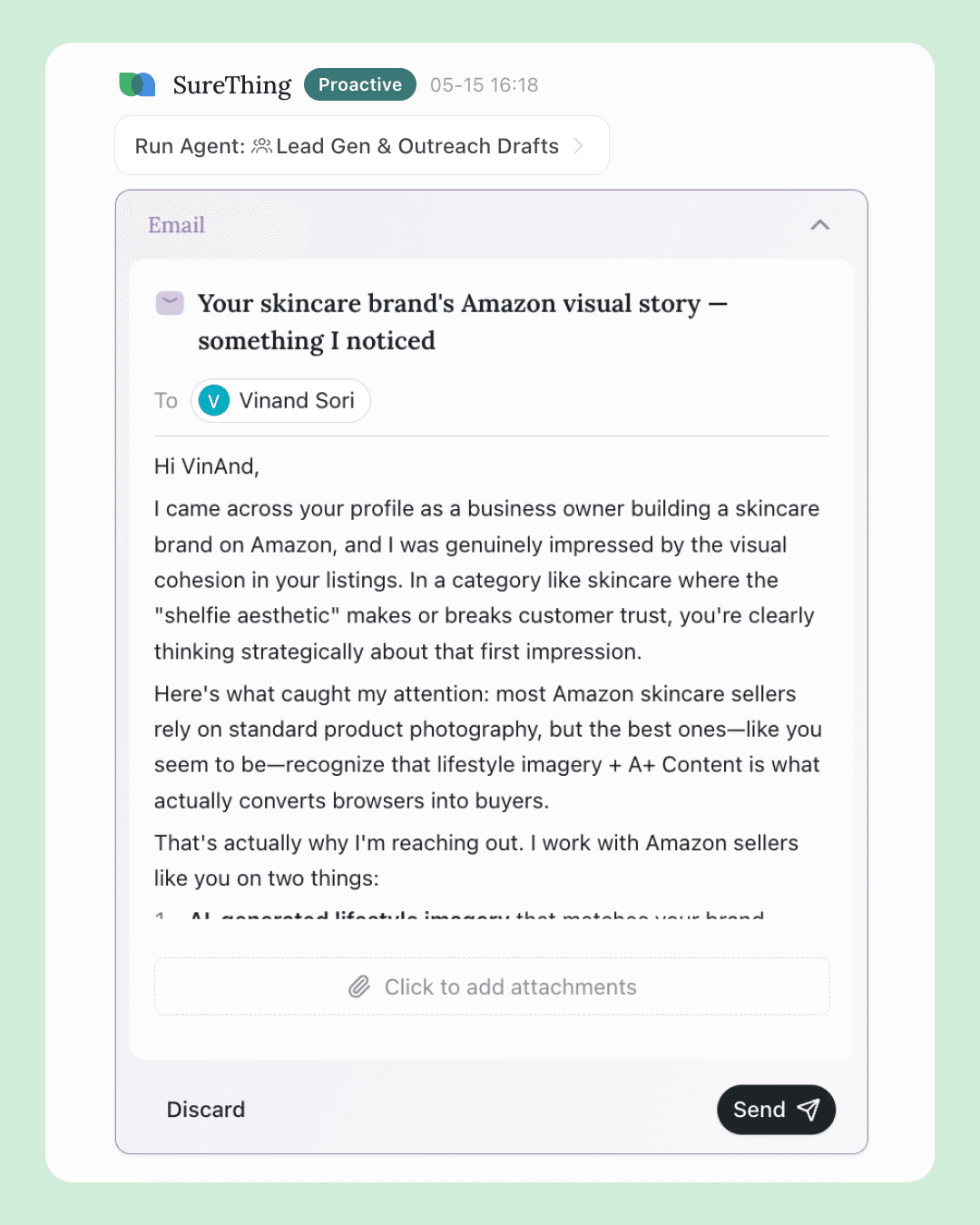 Personalized cold email draft to a skincare brand owner — opener cites the brand's Amazon visual cohesion, body discusses shelfie aesthetic and A+ Content, with Discard or Send controls; never auto-sent.